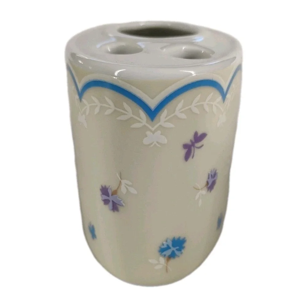 Vintage Royal Ames Japan Porcelain Toothbrush Holder‎ Flowers Butterflies Blue